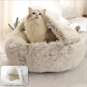 2-in-1 Round Pet Bed for Dog & Cat, Soft Breathable Pet Sleep Mat, Winter Kennel Semi-enclosed Style Cat Bed