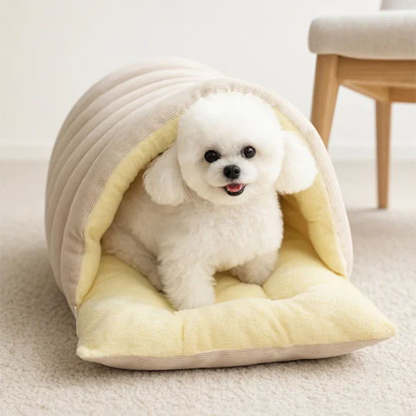 Warm Enclosed Cat Bed Corduroy Plush Cats Tent Calming Pet Nest Cave for Cats Dogs