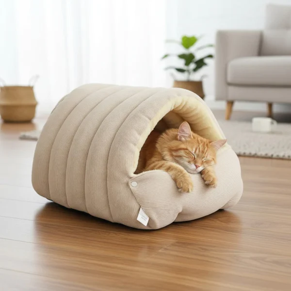Warm Enclosed Cat Bed Corduroy Plush Cats Tent Calming Pet Nest Cave for Cats Dogs
