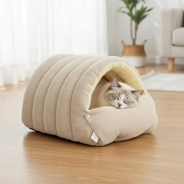 Warm Enclosed Cat Bed Corduroy Plush Cats Tent Calming Pet Nest Cave for Cats Dogs